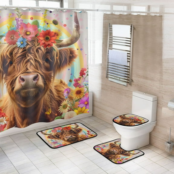 4 Pcs Highland Cow Flowers Rainbow Bathroom Shower Curtain Set with 12 Hooks Bath Mat Toilet Lid Cover