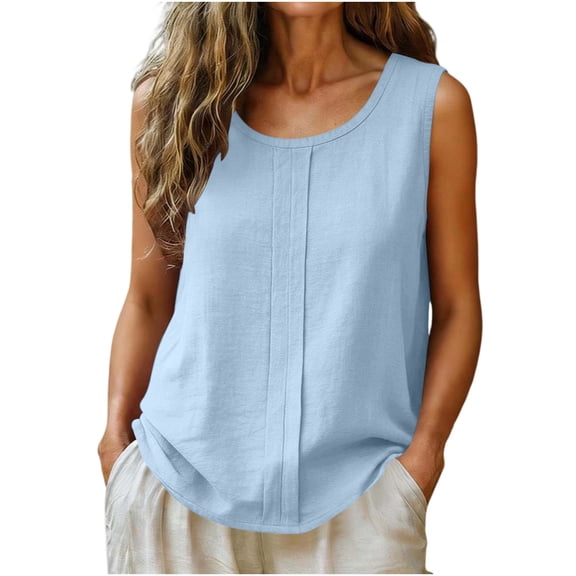 Ohufall Cotton Linen Tanks for Women Breathable Fashion Top Round Neck Sleeveless Pleated Summer Tank Tops