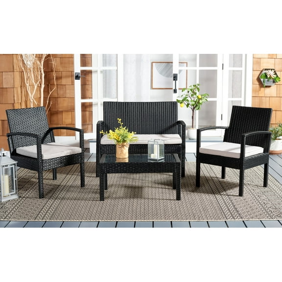 SAFAVIEH Bassey Outdoor Patio 4 Pc Conversation Set, Black/Light Grey