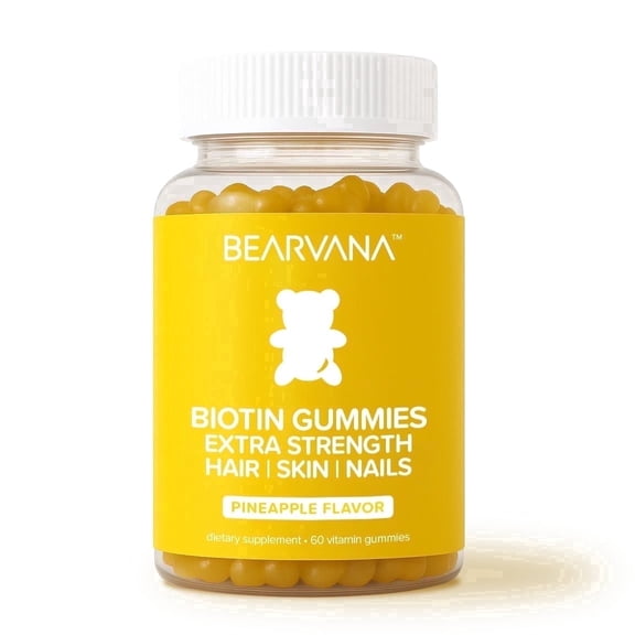 Bearvana Biotin Gummies Extra Strength Hair, Skin & Nails Support – Pineapple Flavor, 60 Count