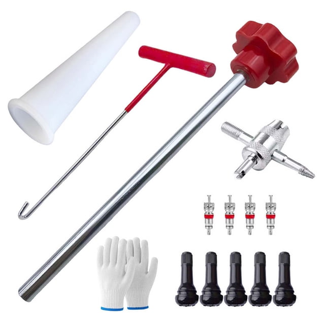 13 Piece Tire Valve Core Replacement Tool Kit, Car Tire Repair Tools for Leaky Valves, with T Handle Hook and Metal Slide Rod for Cars Trucks Motorcycles Mowers