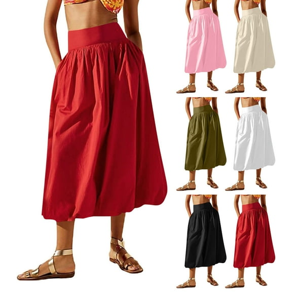 Bixock Women's High Waisted Midi Skirts,Young Adults Casual Skirt,Summer Solid Color Elastic Waist Lightweight Flowy