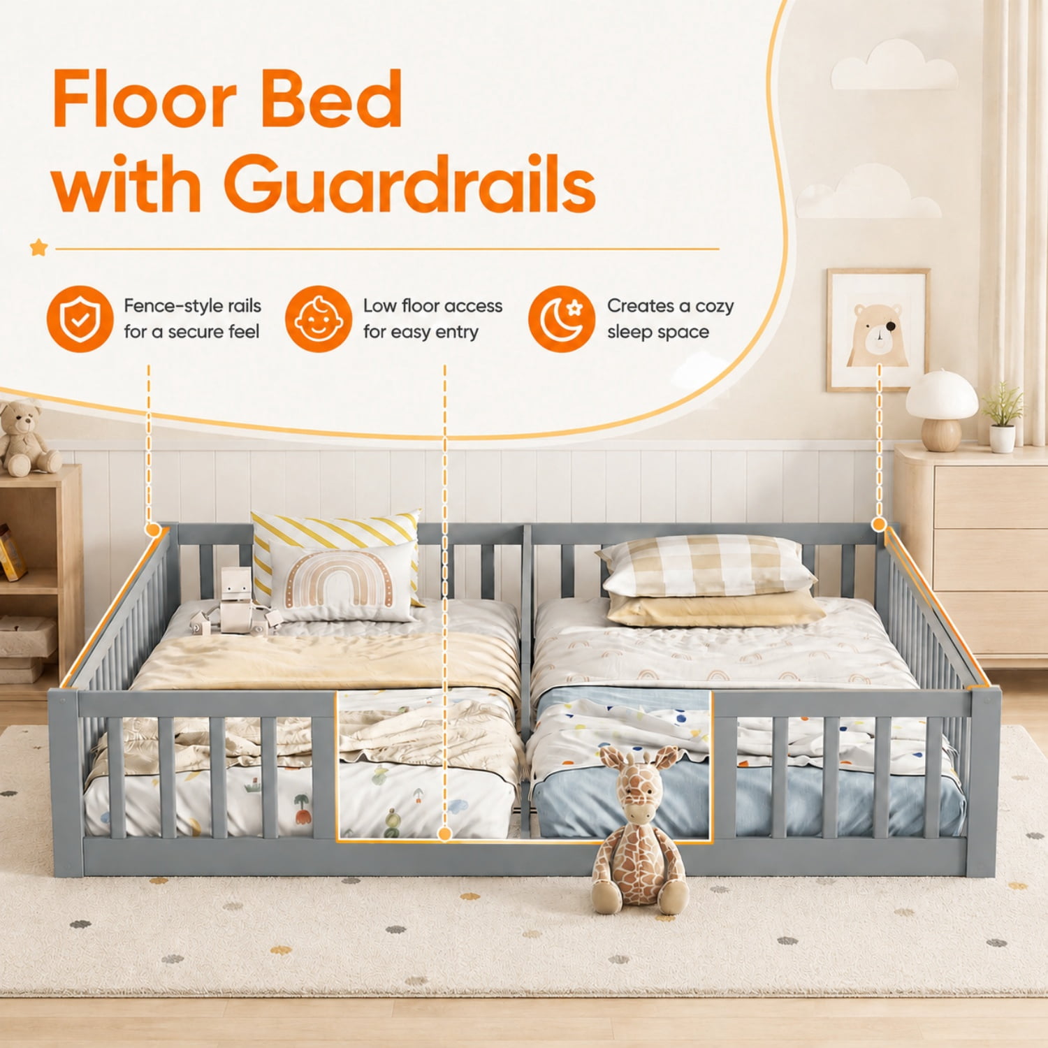 Miniyam Double Twin Floor Bed for Kids, Wood Bed Frame with Guardrails, Low Profile Design, Gray