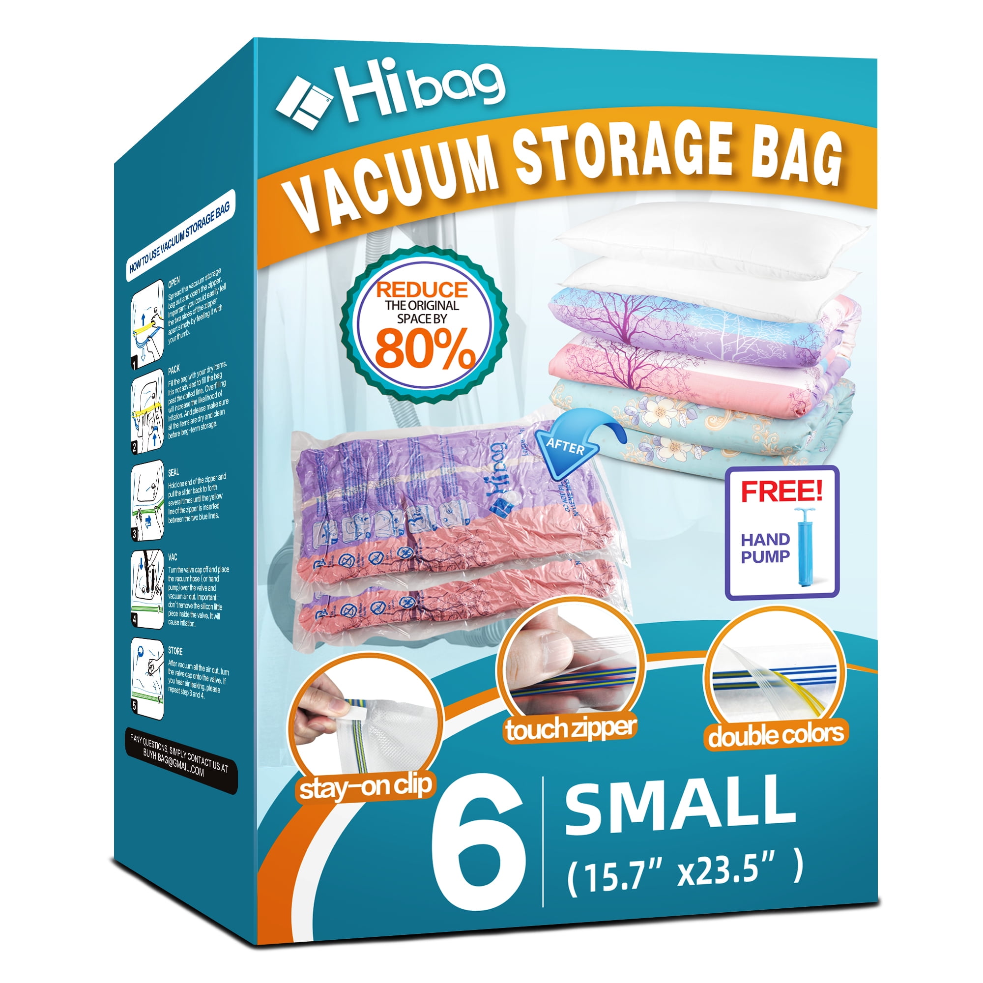 HIBAG Vacuum Storage Bags, Space Saver Bags, Pack of 6, with Hand Pump (6 Small)