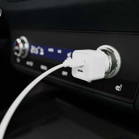 4Terra White Recycled ABS Car Charger and Lightning Cable – 10V Adapter with USB-A & USB-C Ports with 5.4A