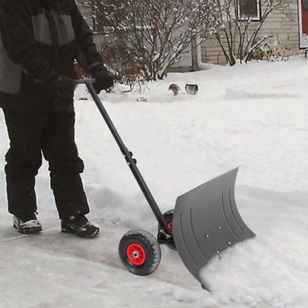 Rolling Snow Pusher Heavy Duty Plow Shovel w/Adjustable Handle Outdoor Tool 