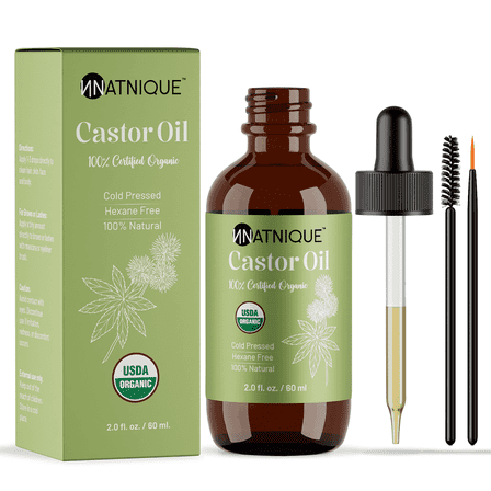 Natnique Natural Oils Softening Hydrating Organic Castor Oil for Hair, Skin, Eyelashes and Eyebrows, 2 fl oz