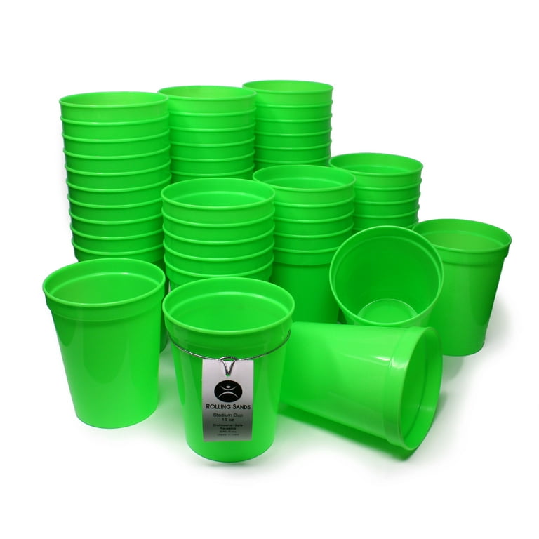 Rolling Sands 16 oz Reusable Plastic Cups, 50 Pack, USA Made, BPA Free Dishwasher Safe Lime Green Tumblers