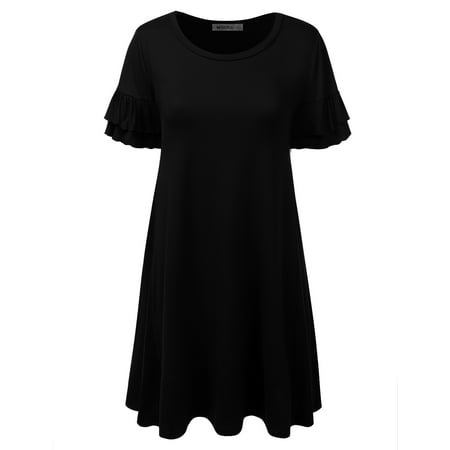 Mixed Print Ruffle Dress - Doublju Women's Loose Fit Ruffle Sleeve Tunic Dress BLACK S