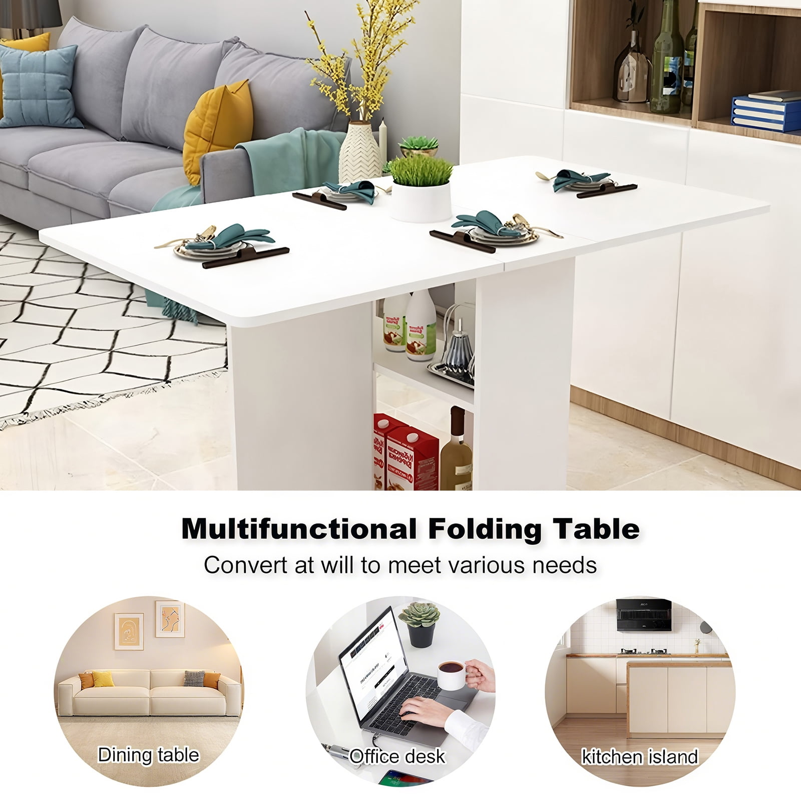 Folding Dining Table Drop Leaf Table with Wheels Space Saving Kitchen Table,&nbsp;with 6 Locking Wheels and 2 Storage Shelves, Extendable for Dining Desk and Console Use, White