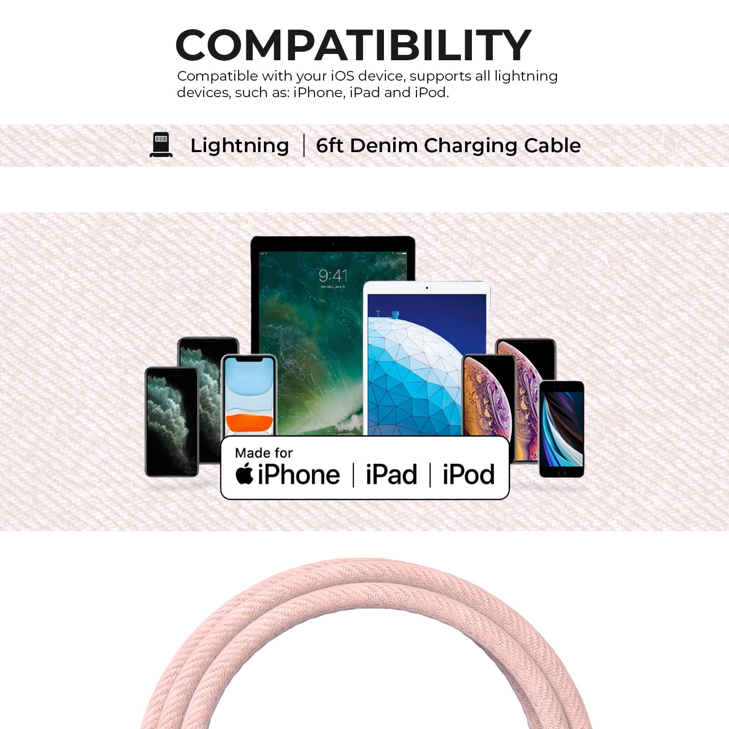 Liquipel Powertek Denim USB-A to Lightning - Pink