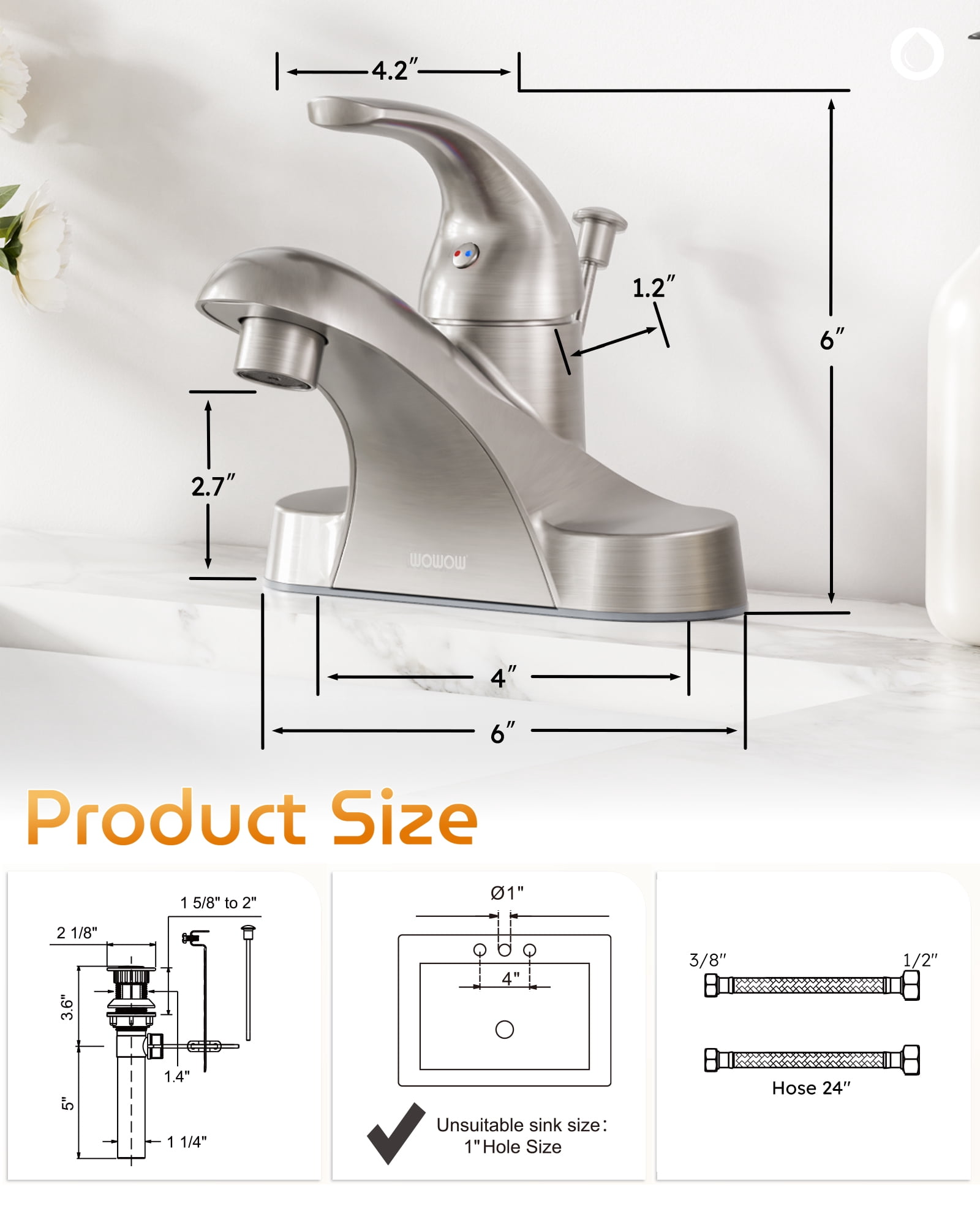 Wowow Bathroom Faucet 1 Handle Single Handle 4 inch Centerset Bathroom Sink Faucet with Lift Rod Drain Assembly, Rv Lavatory Taps 3 Hole