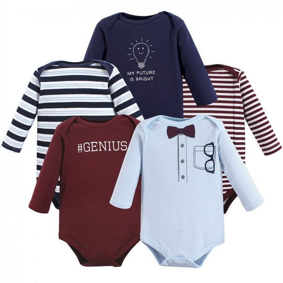 Little Treasure Baby Boy Cotton Long-Sleeve Bodysuits 5pk, Genius, 0-3 Months