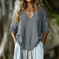 thumbnail image 2 of hoksml Women's Cotton V Neck Blouse, 3/4 Puff Sleeve Crinkle Top, Loose Casual Shirt for Daily and Summer Wear, 2 of 5