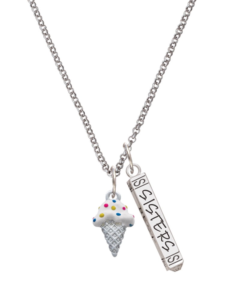 Delight Jewelry Silvertone 2-D Vanilla Ice Cream Cone with Sprinkles Silvertone Sisters Best Friends Forever Bar Charm Necklace, 23"