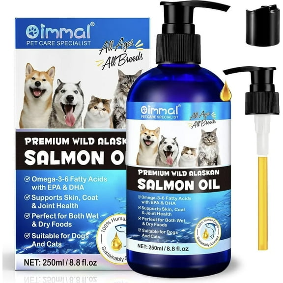 Salmon Oil for Dogs & Cats, Omega 3 Fish Oil for Dog's Skin and Coat, Natural EPA   DHA Fatty Acids for Joint Function, Immune & Heart Health, Wild Alaskan Salmon Oil 250ml for All Ages & All Breeds.