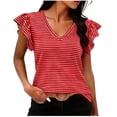 thumbnail image 3 of Craaazy Women's Plus Size Friendly Striped V-Neck Ruffle Short Sleeve Top for Daily Wear, 3 of 6