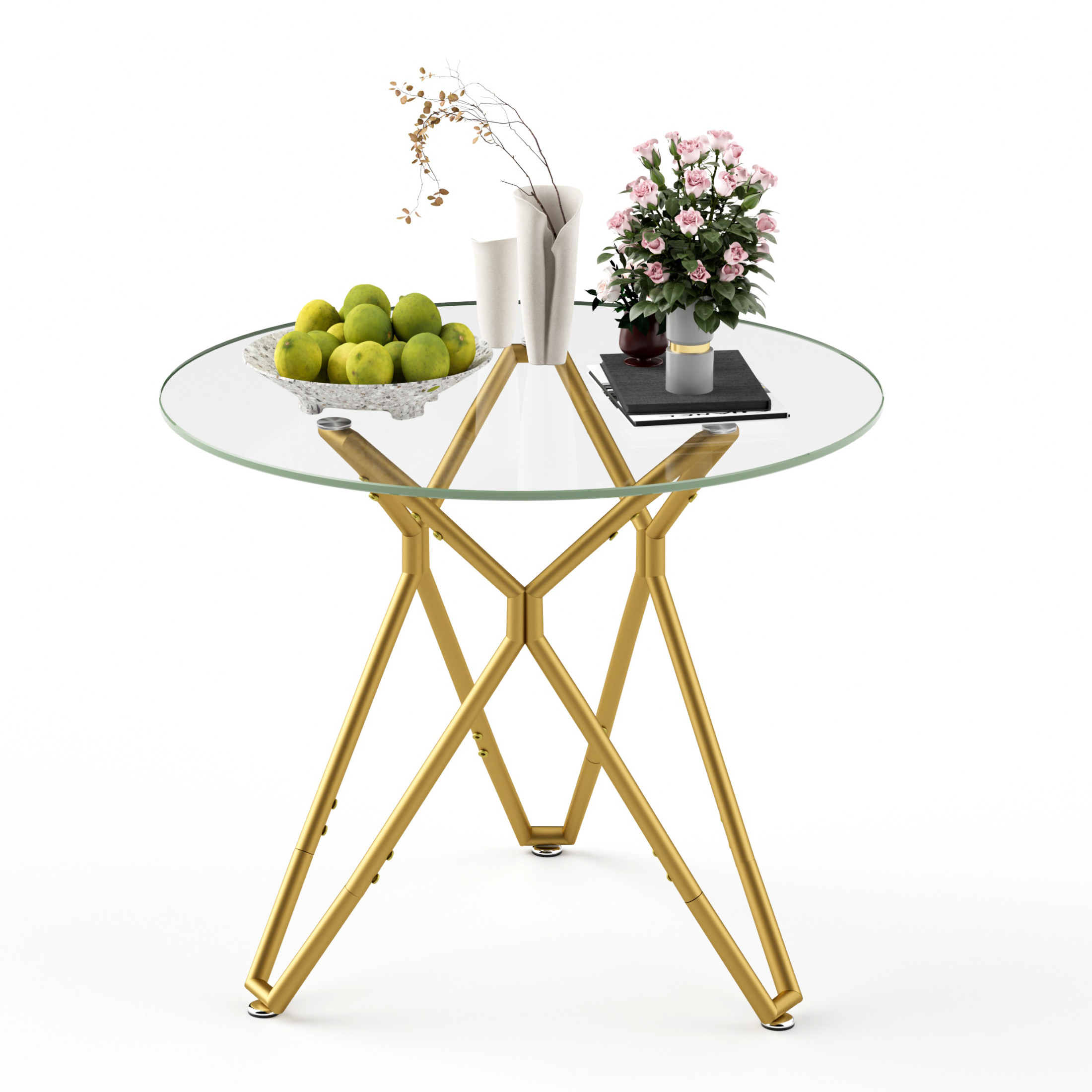Noble House 35.4" Round Dining Table, Small Modern Kitchen Table with Tempered Glas, Dining Room Furniture, Gold