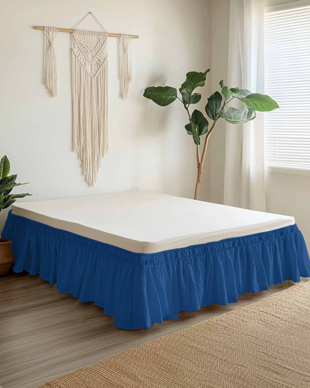 Pure Navy Blue Wrap Around Bed Skirts for Queen Bed 16" Drop, Bed Skirt with Adjustable Elastic Belt Dust Ruffle Bed Valance for Bedroom Hotel Luxury Simple Solid Color Bed Frame Cover