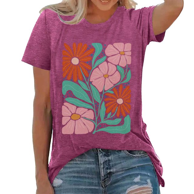 YDLCAFD T-Shirts Unis pour Femmes Col en V Mode Décontractée Col Rond Imprimés T-Shirts Été Manches Courtes T-Shirts Amples Décontractés