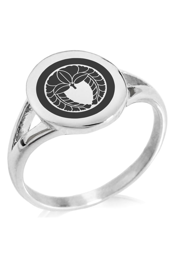Stainless Steel Natsuka Samurai Crest Minimalist Oval Top Polished Statement Signet Ring