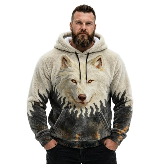 Telankuip Wolf Graphic Hoodies for Men Winter Flannel Warm Cozy Long Sleeve Drawstring Hooded Sweatshirts Retro Wild Animals Printed Soft Casual Pullover Tops with Pocket E-White XL