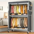 thumbnail image 3 of 445LBS Heavy Duty Rolling Clothes Rack with Cover, Rolling Garment Rack for Hanging Clothes with Shelves, Portable Wardrobe Closets with Adjustable Shelving and Double Rods, White, 3 of 8