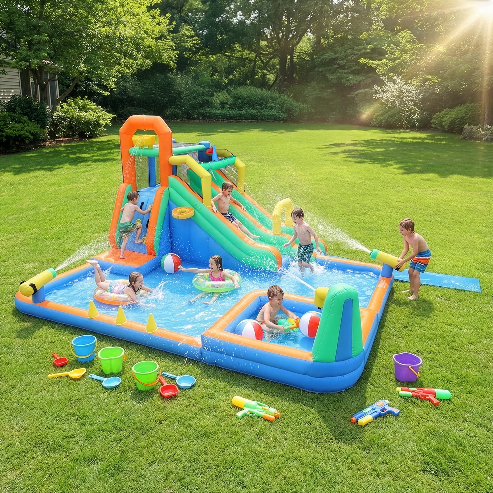 Ktaxon 8-in-1 Inflatable Water Slide Bounce House with Blower, 197" x 179" x 98", Dual Slides Water Park, Wading Pool & Water Dump Bucket for Kids Backyard