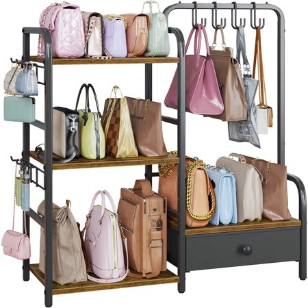 Purse Organizer for Closet, with Bottom Drawer, Extra Large Capacity 3 Tier Handbag Storage Rack for Women, 10 Purse Hanger and Hooks for Bag Organizer, Floor-Standing, Home, Living Room (Black)