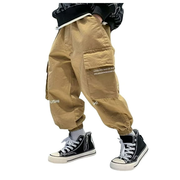 Boy Pants Boys Athletic Pants Size 10-12 Boys Cargo Joggers Pants Elastic Waist Casual Jogging Trousers Bottom for Kids Khaki 8-9 Years
