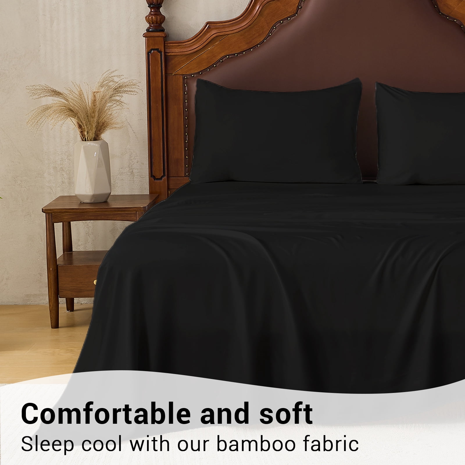Hitime 4PC Bamboo Full Sheet Set, Deep Pocket Fit 16", Breathable Super Soft Luxury Hotel Style Home Decor Full Size Sheet Set, Gift for Women, Men - 2 Pillowcases, 1 Flat Sheet, 1 Fitted Sheet
