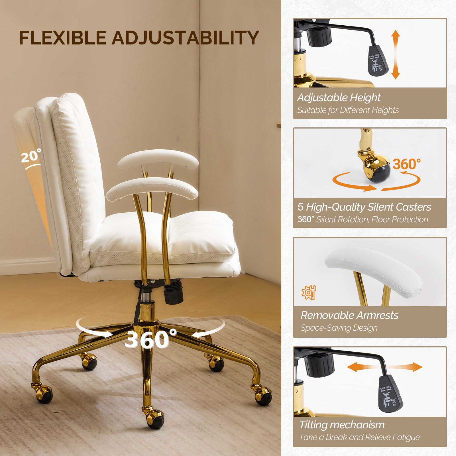 Ktaxon Office Chair High Back Study Chair PU Leather Adjustable Swivel Vanity Chair with Padded Armrests for Conference and Home White