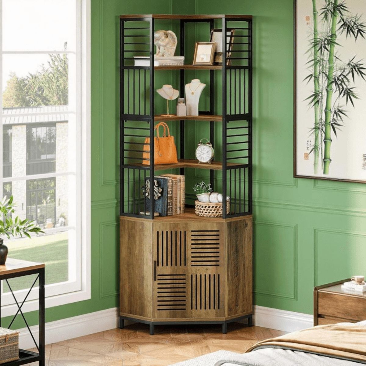 5-Tier Corner Storage Cabinet with Door, MDF & Metal Frame, Industrial Style for Living Room/Home Office/Balcony