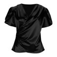 thumbnail image 7 of Sillenn Women's Satin V-Neck Blouse Puff Short Sleeve Wrap Front Ruched Waist Top Silky Slim Fit Elegant Satin Silk Shirt Dressy Casual Office Work Tops Trendy Going Out Cropped Blouses Black L, 7 of 7