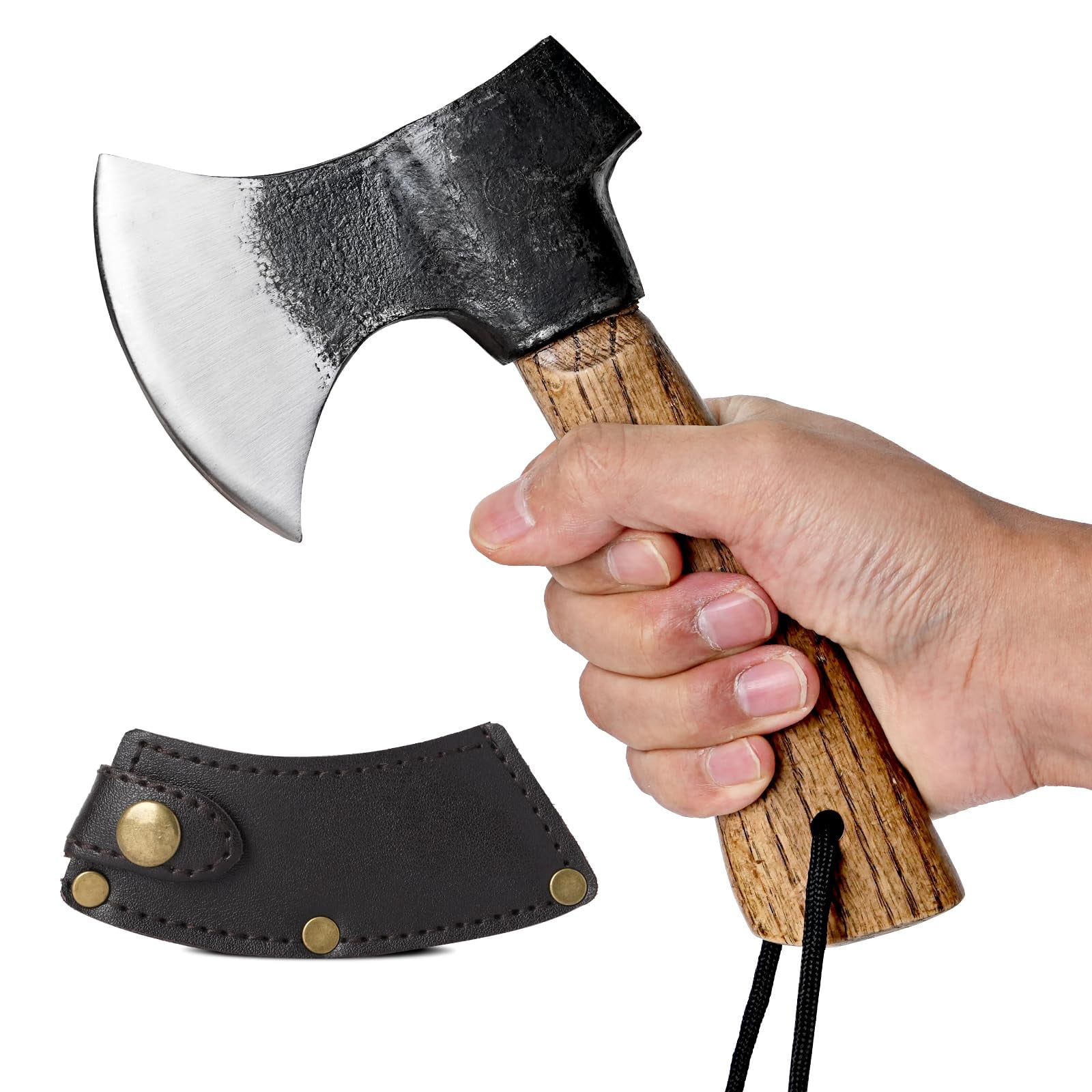Small Camping Axe with Leather Sheath 8.46 Backpacking Hatchet with Wooden Handle Splitting Axe for Jungle Gardening Survival