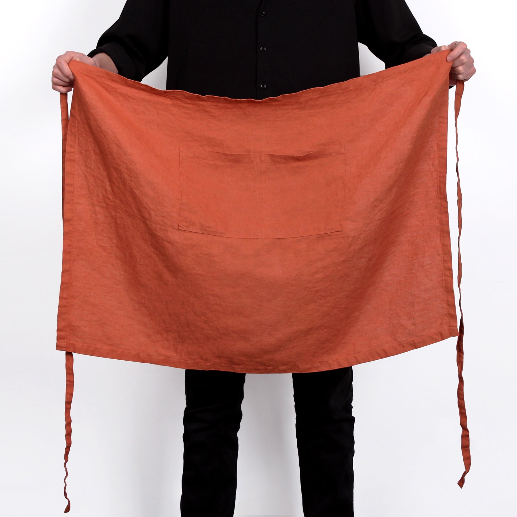 100% Linen Bistro Apron with Pockets 25x35 inch - Unisex Half Apron - Caramel