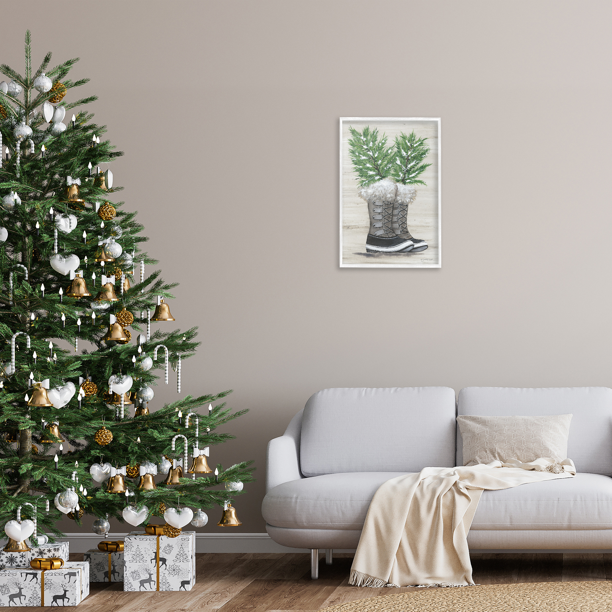 Stupell Industries Winter Sprigs in Boots Botanical & Floral Painting White Framed Art Print Wall Art, 16 x 24