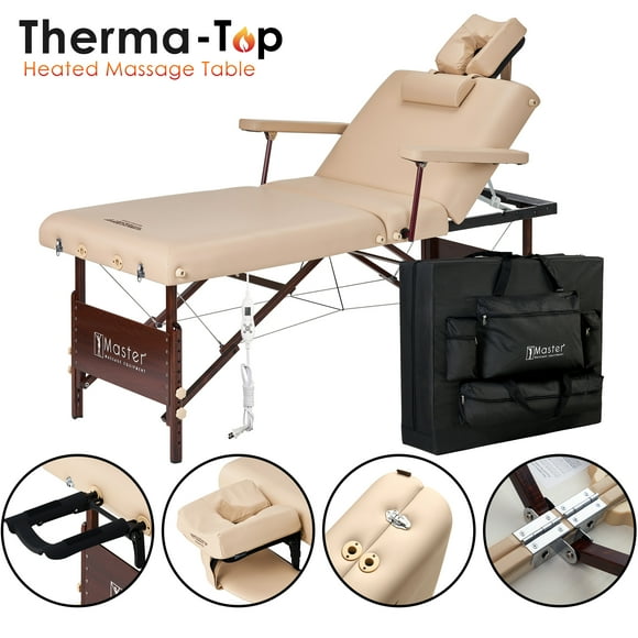 Master Massage 30" Del Ray Beauty Salon Lash Bed with Therma Top-Heated Portable Massage Table Package-Wooden Tattoo Table with 3 Section Tilting Backrest and Memory Foam (Beige)