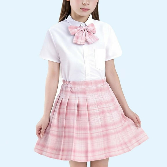 Placlothes Girls Short Sleeve Shirt Tops 3 Piece Outfits Big Girls Summer Fall Skirt Outfits Sets Solid Pink Birthday Kids Size 7 T