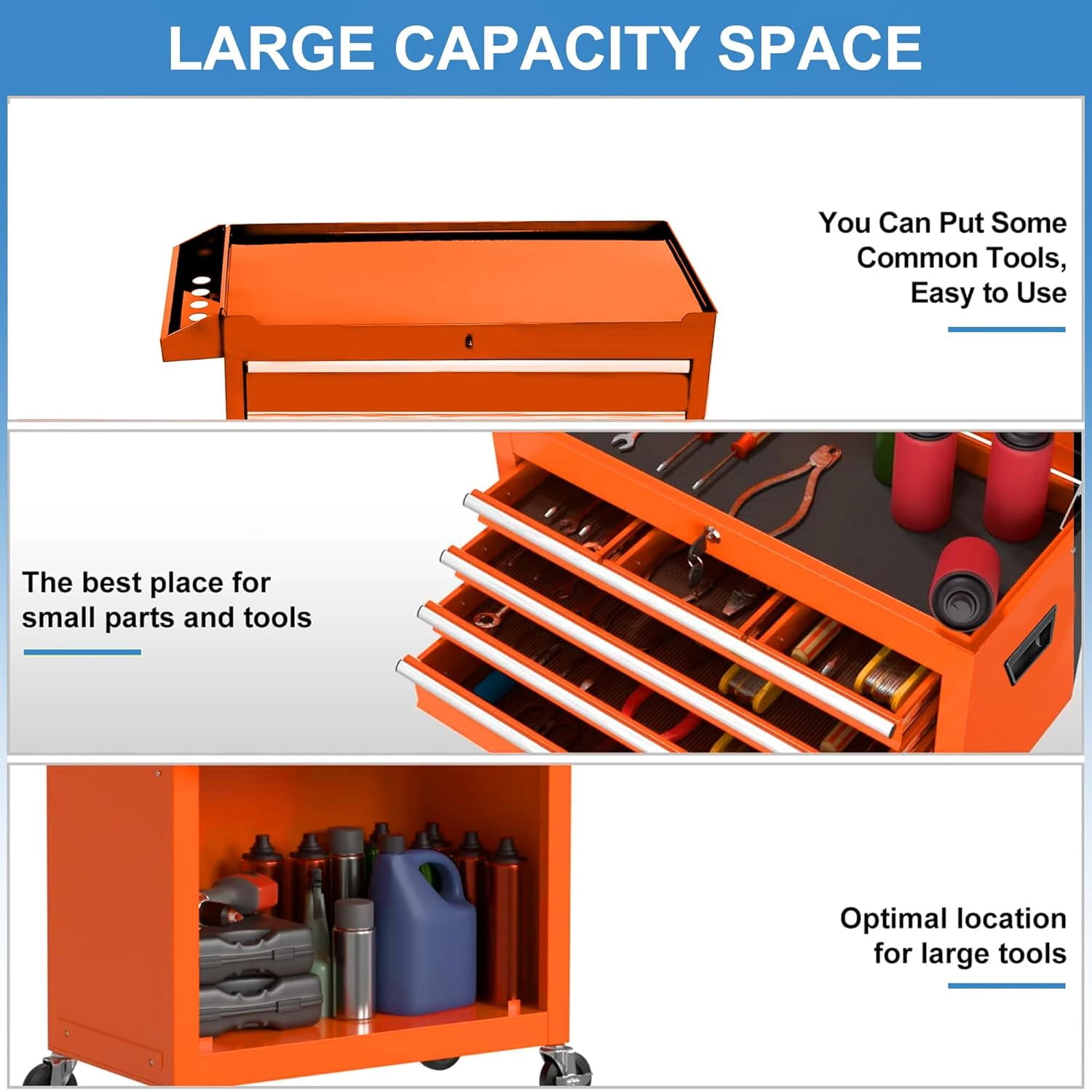 POWANLI Detachable 5-Drawer Rolling Tool Chest with Bottom Cabinet and One Adjustable Shelf/Locking System for Garage Workshop Warehouse Repair Shop