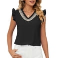 thumbnail image 3 of Blusa de gasa con escote en V para mujer, blusas de encaje con escote en V para mujer, blusas de manga corta con volantes para mujer, blusas para mujer, claridad notable, 3 of 6