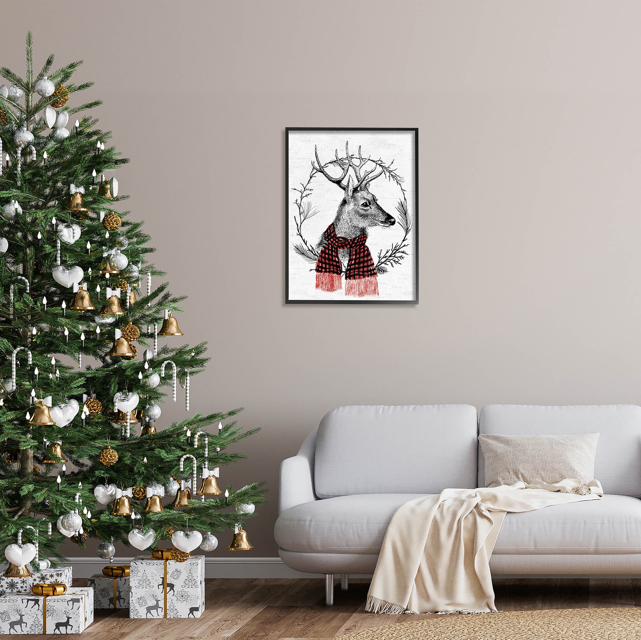 Stupell Industries Deer Winter Botanical Wreath Graphic Art Black Framed Art Print Wall Art, Design by Lettered and Lined