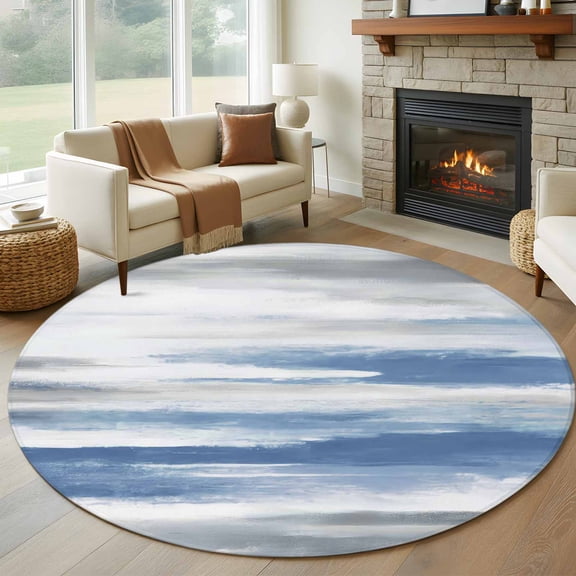 Blue Gray White Round Rug 5ft Washable Circle Kitchen Rugs Non Slip Modern Abstract Mottled Aesthetic Large Area Rug Indoor Floor Carpet for Bedroom Living Room Home Office Dining Room Nursery