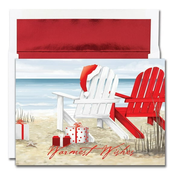 Masterpiece Studios Beach Chairs Greetings Warmest Wishes 16-Count Boxed Christmas Cards with Foil-Lined Envelopes, 7.8" x 5.6"