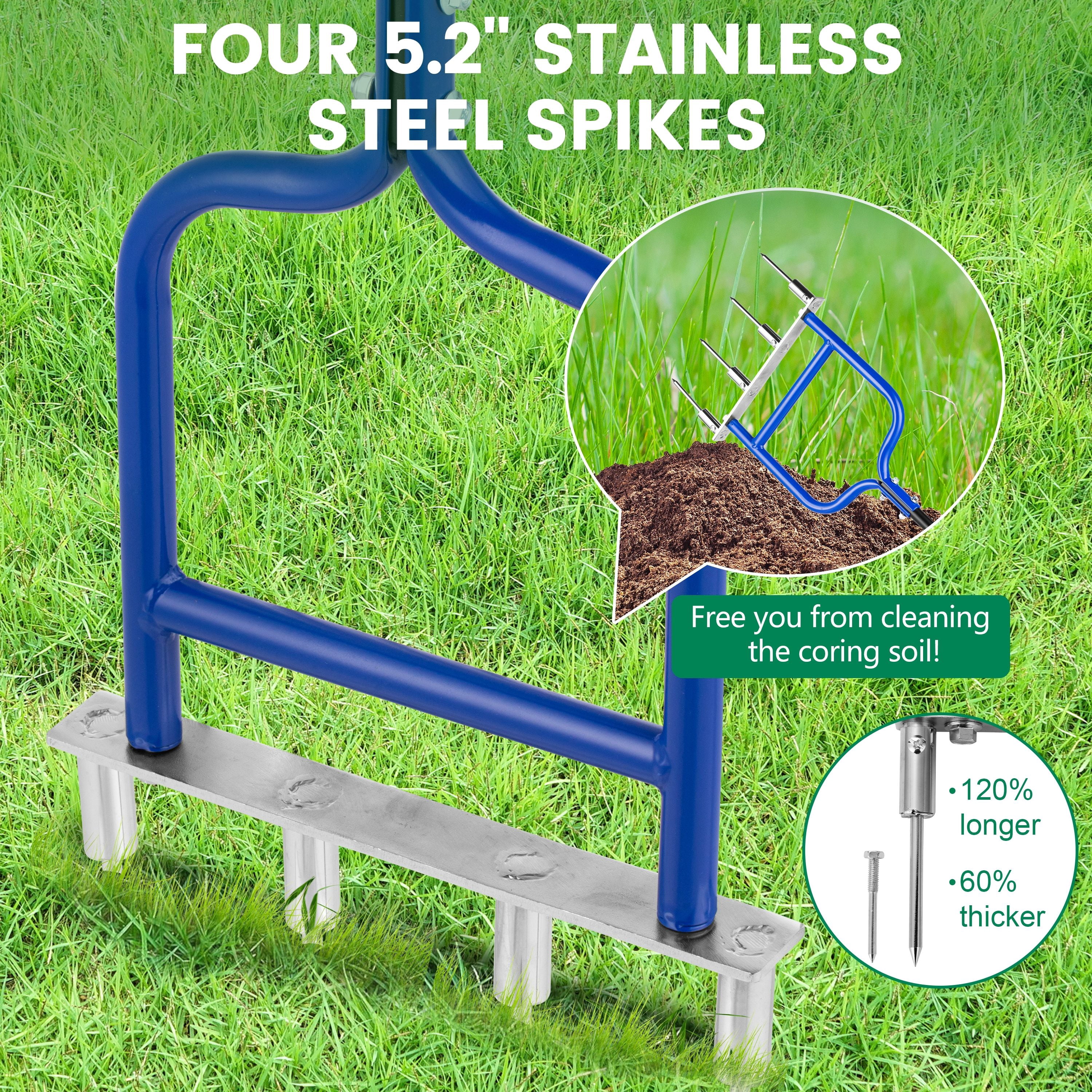 YOWPSY Spike Tine Fork Lawn Aerator - Four 5.2'' Stainless Steel Spikes Manual Gardening Hand Tool - Grass Dethatcher Aerator Lawn Tool with Solid Tines for Compacted Soil - Lawn Plugger Aerator.