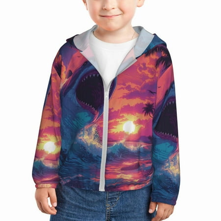 

Goofa Hawaiian Island Beach Shark Printed Kids Zip-Up Hoodie Girls Boys UPF50+ Sun Protection Jacket Hooded Cooling Shirt-2 Years