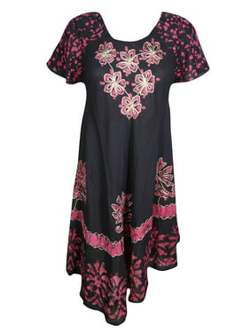 Mogul Womens Flare Dress Caftan Floral Batik Embroidered Rayon Loose Dresses L