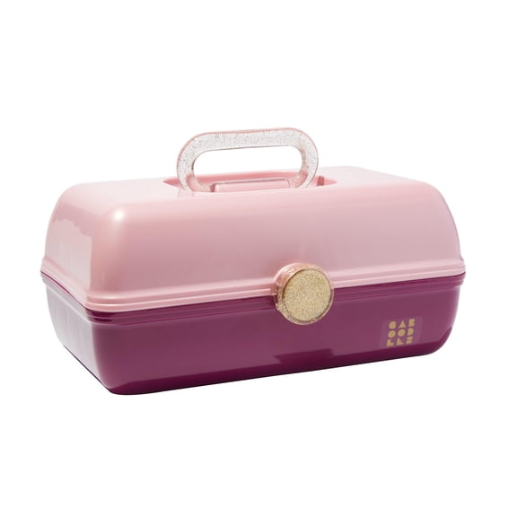 Claire's Features - Caboodles Makeup Case, On the Go Girl Travel Cosmetic Organizer with Mirror, Pink & Violet with Glitter Gold Handle Storage Box: 13 x 7.4 x 6 Inches