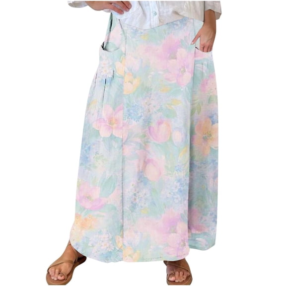 ZQUUVOU Women's Printed Skirt Elastic Waist Floral Printed Pleated Long Casual Comfortable Skirt with Pockets Light Blue