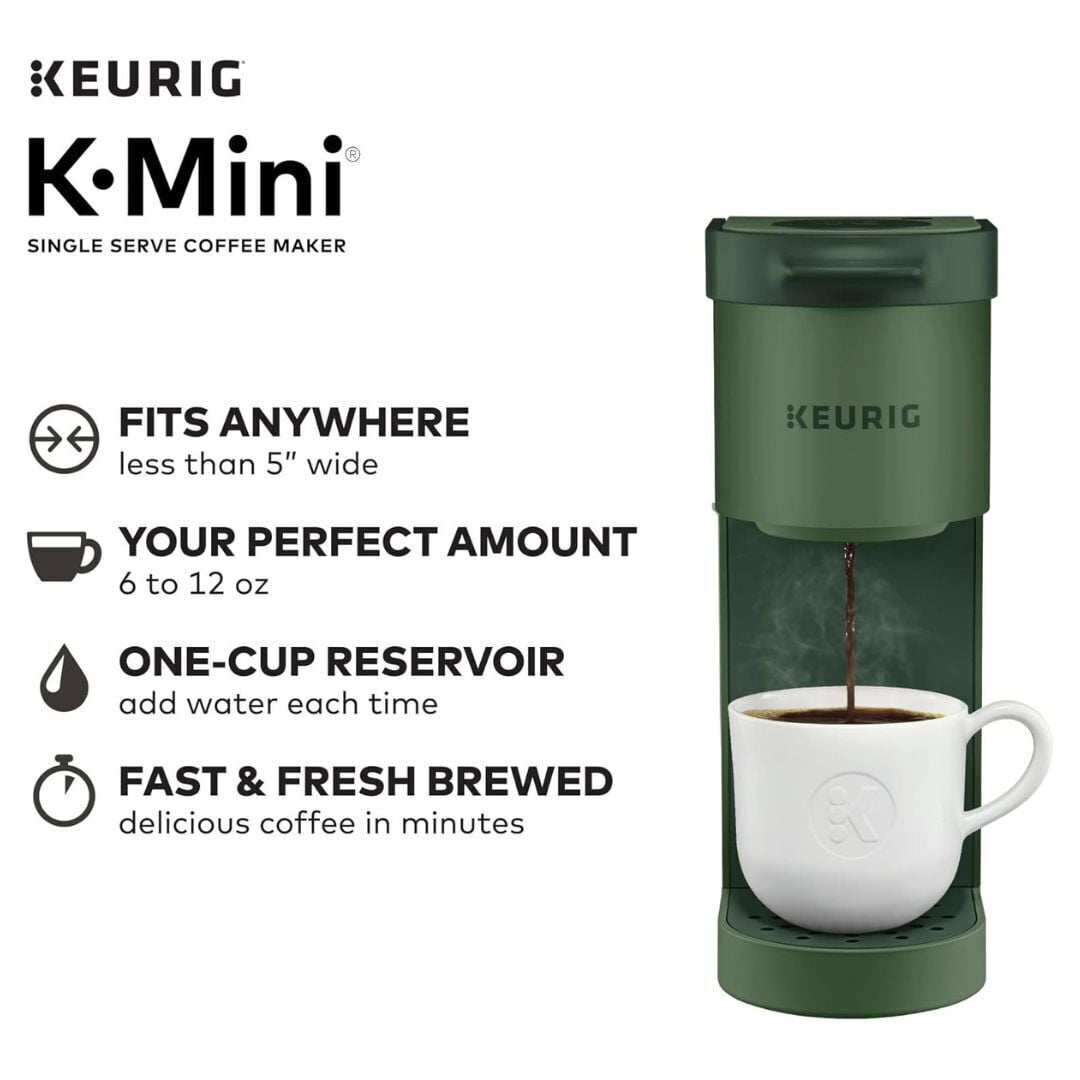 Restored Keurig K-Mini Single Serve Coffee Maker with 6-12Oz Cup Sizes, Quick Brewing, and Removable Drip Tray, Evergreen (Refurbished)